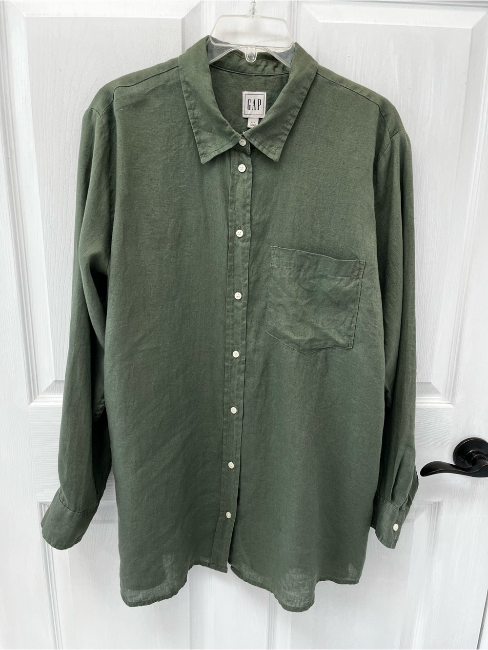 GAP 100% Linen Boyfriend Shirt XL  Olive Green Oversized Button Up Tunic Top